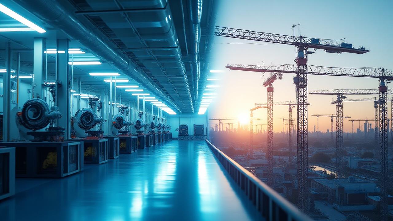 Modern automated manufacturing arm next to a high-rise construction framework